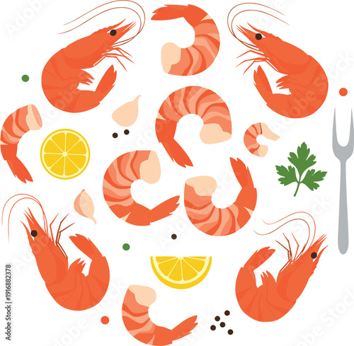 Shrimp Seafood Vector Composition with Fresh Prawns Lemon Garlic and Fork for Gourmet Cooking Restaurant Menu Design