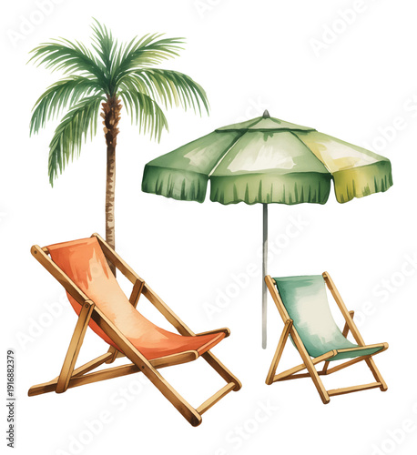 Hand painted watercolor beach lounge chairs beneath tropical palm and sun umbrella.