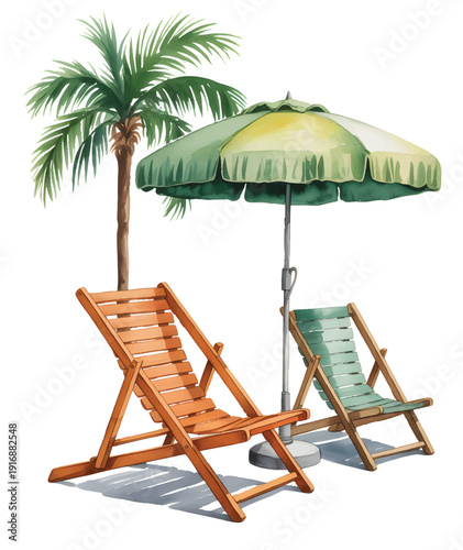 Hand painted watercolor beach lounge chairs beneath tropical palm and sun umbrella.