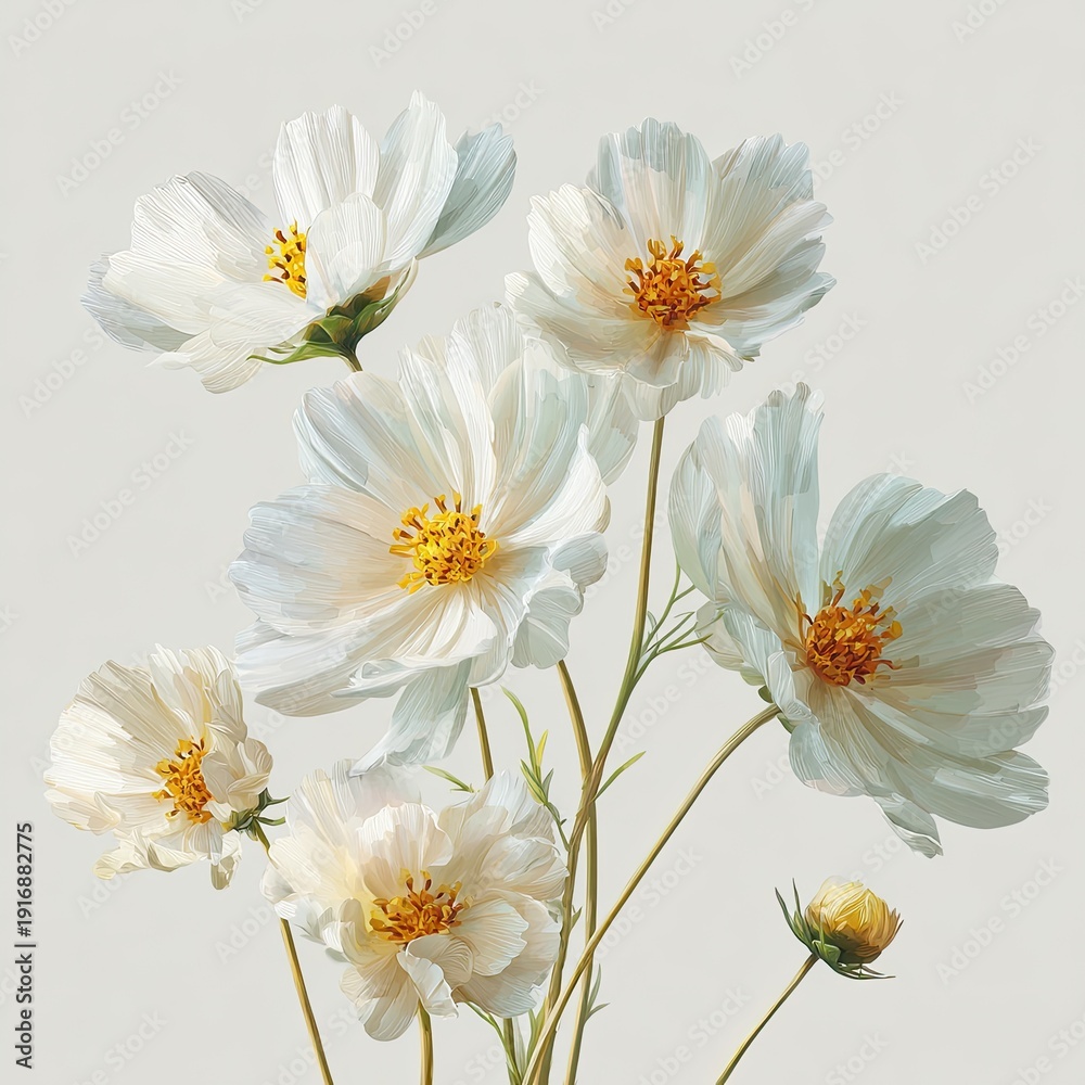 Fototapeta premium Delicate white daisy-like flowers with yellow centers bloom gently