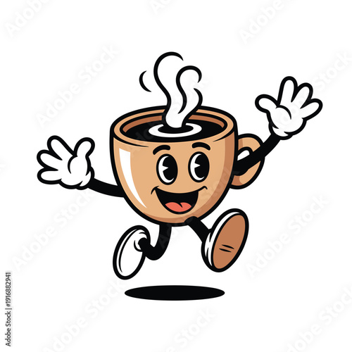 A cheerful cartoon coffee cup character is jumping with glee