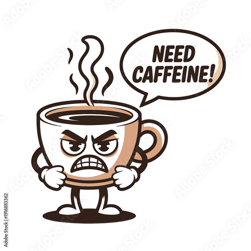 An angry coffee cup character desperately needs a caffeine boost