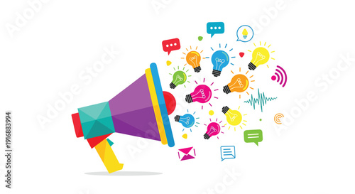 Vibrant colorful megaphone emitting diverse lightbulbs, speech bubbles, Wi-Fi, and email icons representing ideas.