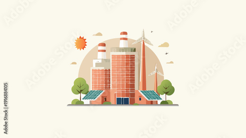 Sustainable energy production with renewable resources at an industrial facility featuring solar panels and wind turbines