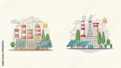 Industrial power plants with solar panels and trees, representing sustainable energy and environmental responsibility illustration
