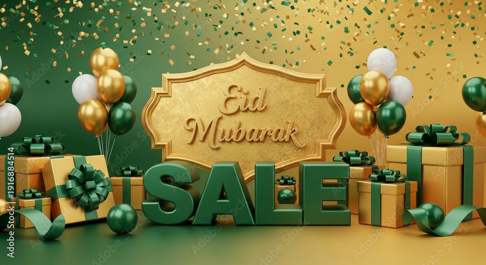 Naklejka premium Spectacular Eid Mubarak Festive Sale Event with Elegant Gifts, Golden Confetti, and Celebration Balloons