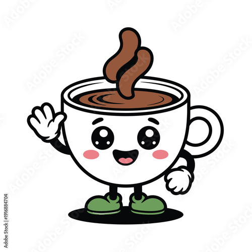 A cheerful cartoon coffee cup waving with a smiling face and rosy cheeks