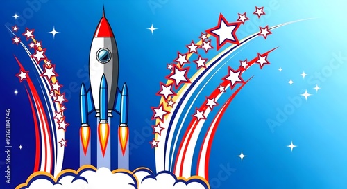 Cartoon rocket ship launching into space with patriotic star trails on a blue background illustration.