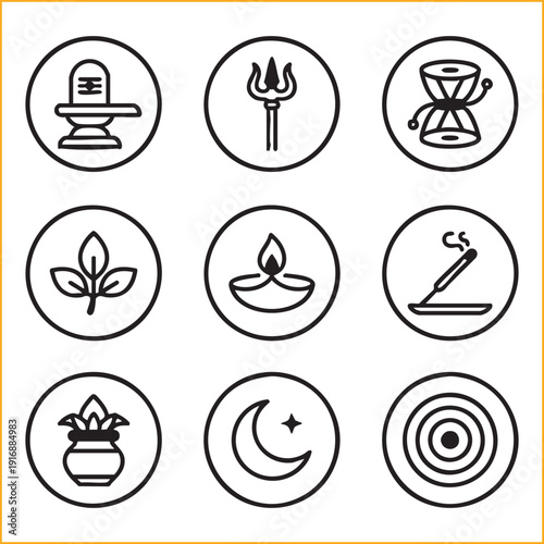 Set of circular thin line vector icons representing Lord Shiva and Hindu worship rituals.