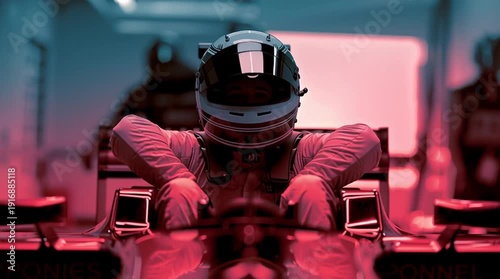 Formula 1 driver in cockpit wearing helmet, dramatic red and blue lighting