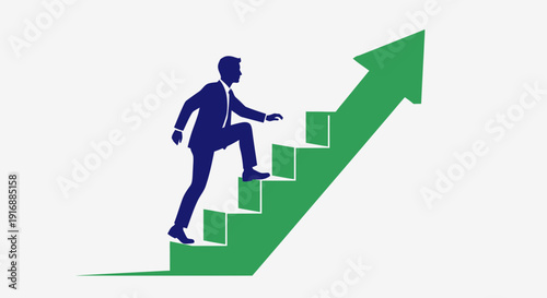 Businessman climbing green stairs symbolizing success and growth