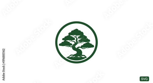 Green Bonsai Tree Icon in Circle, Minimalist Design, White Background