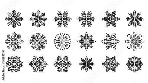 A collection of 15 unique snowflakes on a white background