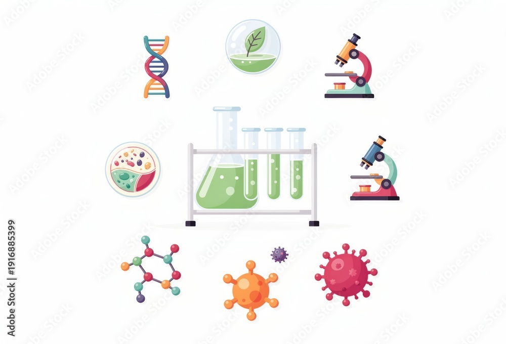 Obraz premium Laboratory scene showcasing various scientific elements including DNA strands, petri dishes, cellular structures, and microscopes representing the intersection of biology and innovation in