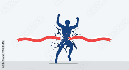 Runner Crossing Finish Line, Breaking Through Red Ribbon