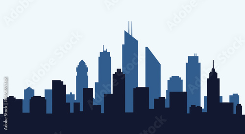 Modern City Skyline Silhouette, Blue Tones, Business District