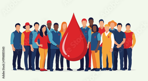 Diverse Group of People Donating Blood, Blood Drop Symbol
