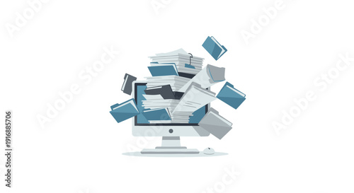 Computer monitor overflowing with numerous digital and physical paper documents and blue folders on a white background.