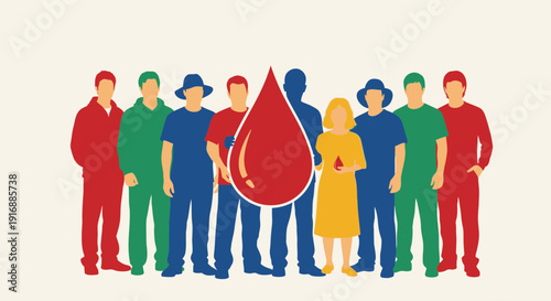 Diverse group of people with a blood drop symbol. Blood donation concept.