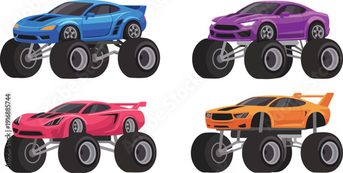 Colorful Monster Truck Outline Icon Set Off-Road Racing Vehicles