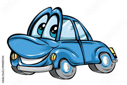 Cute blue cartoon car character, illustrated and isolated on a white background
