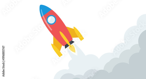 Colorful Rocket Ship Launching into the Sky with Smoke