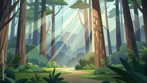 Misty Forest with Sunlight Filtering Through Trees Vector Illustration