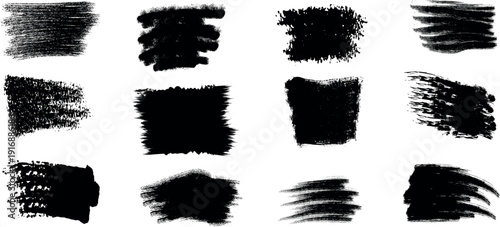 A collection of 12 black brush strokes on a white background for artistic and design purposes