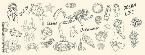 Hand Drawn Underwater Doodle Set with Scuba Diver and Marine Life
