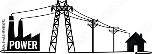 Electric power plant to home energy transmission illustration, power line distribution system, electricity supply network, black vector silhouette design