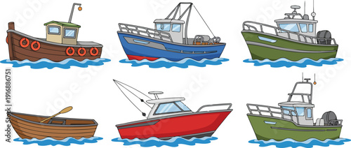 Cartoon Fishing Boats Outline Icon Set Small Marine Vessels Collection