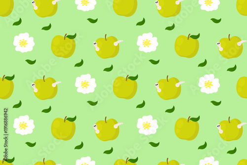 Seamless pattern with green apples, cute worms and white flowers on green background