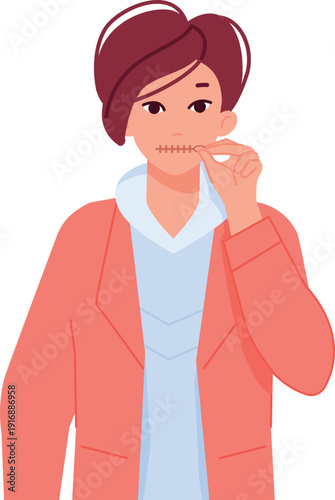 Zipper gesture. Woman sealed lips to keep secret