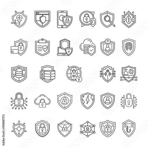 Cybersecurity and Data Privacy Minimal Line Icon Mega Set