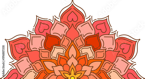 Half a flower mandala in red tones on a transparent background, for Oriental, Asian quotes, invitations, holidays, festivals