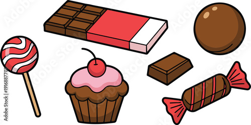 Chocolate Dessert Outline Icon Set Candy, Cupcake, and Sweet Treats