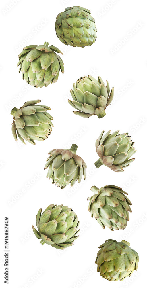 Obraz premium Fresh whole green artichokes isolated on white background, showcasing natural texture and detail, concept of healthy eating