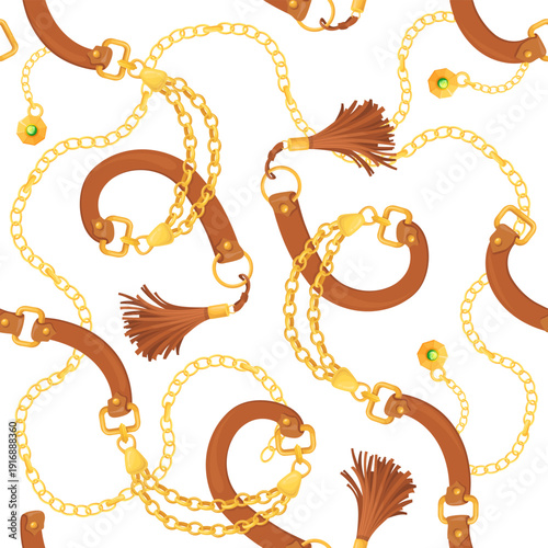 Leather belt with golden chains and vintage tassel seamless pattern