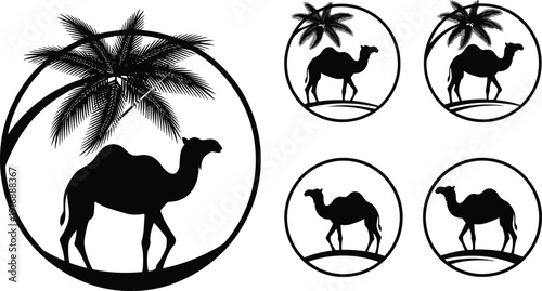 Black silhouettes of camels under palm trees in circles white background