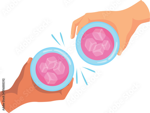 Cheers cartoon icon. Drink glasses clink in human hands