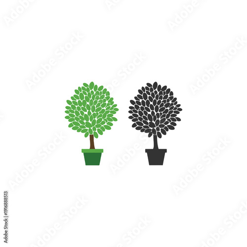 Two potted trees, one green and vibrant, the other a stark black silhouette, representing contrast, growth, and nature.