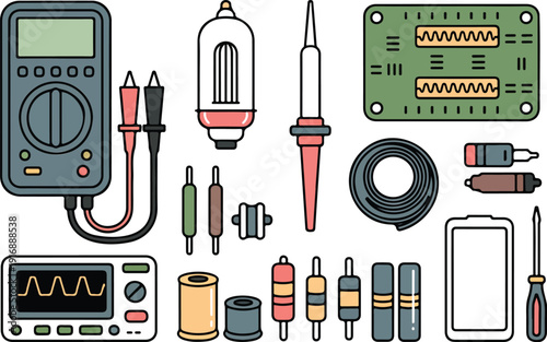 Collection of electronic devices and tools flat illustration isolated on transparent background.