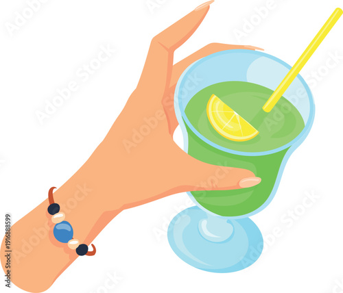 Female hand hold cocktail glass. Summer party