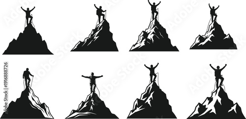 Black silhouettes of people standing on mountain peaks white