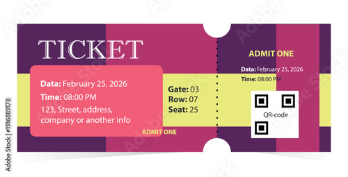 Ticket in yellow, pink and purple colors with QR code