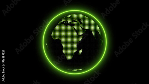 Green Dotted Earth Globe Surrounded by a Neon Green Ring on animated Black Background planet, Wire frame globe with green continents and streaks of light on dark background.