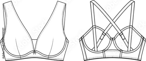 Bra design, lingerie blueprint, fashion technical drawing, garment construction, sewing pattern, underwear illustration, apparel flat sketch, clothing vector, CAD drawing, flat vector illustration