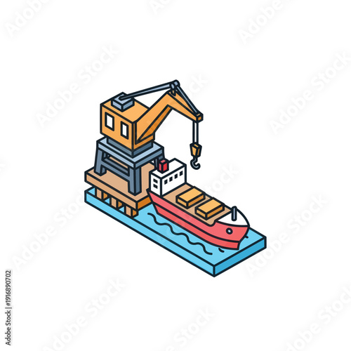 Crane on Dock Loading Cargo Ship.