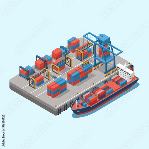Isometric Cargo Ship Loading Containers at Dock.