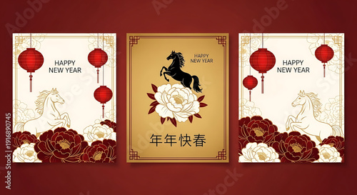 Chinese New Year 2026 Vector Illustration Set – Year of the Horse, Traditional Decorations, Greeting Cards and Seasonal Elements	